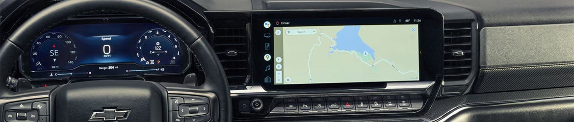 2026 Chevrolet Silverado 1500 infotainment system in St. Clairsville, OH featuring touchscreen display, navigation, and wireless smartphone integration